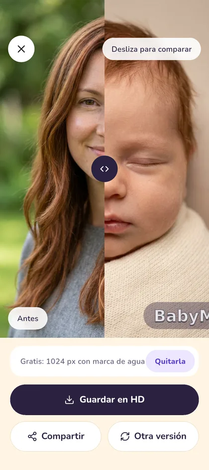 Slider comparing the mother's photo with the baby's